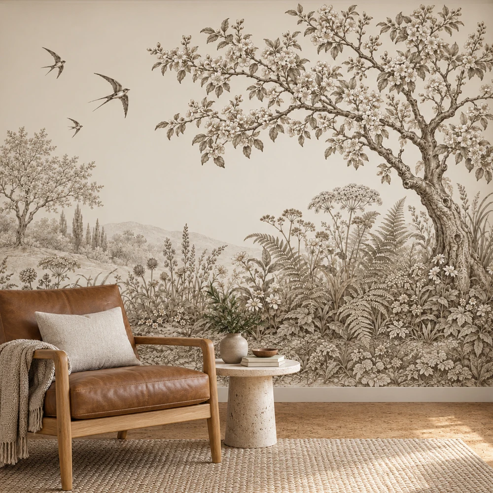 Botanical Wall Mural Vintage Sepia Flowering Tree Birds Landscape Wallpaper Non Self Adhesive Bedroom Living Room Decor Wall Art