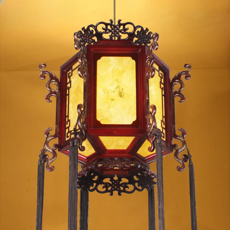 

Chinese solid wood classical hexagonal palace lantern door, balcony lamp, imitation sheepskin, restaurant hotel decoration