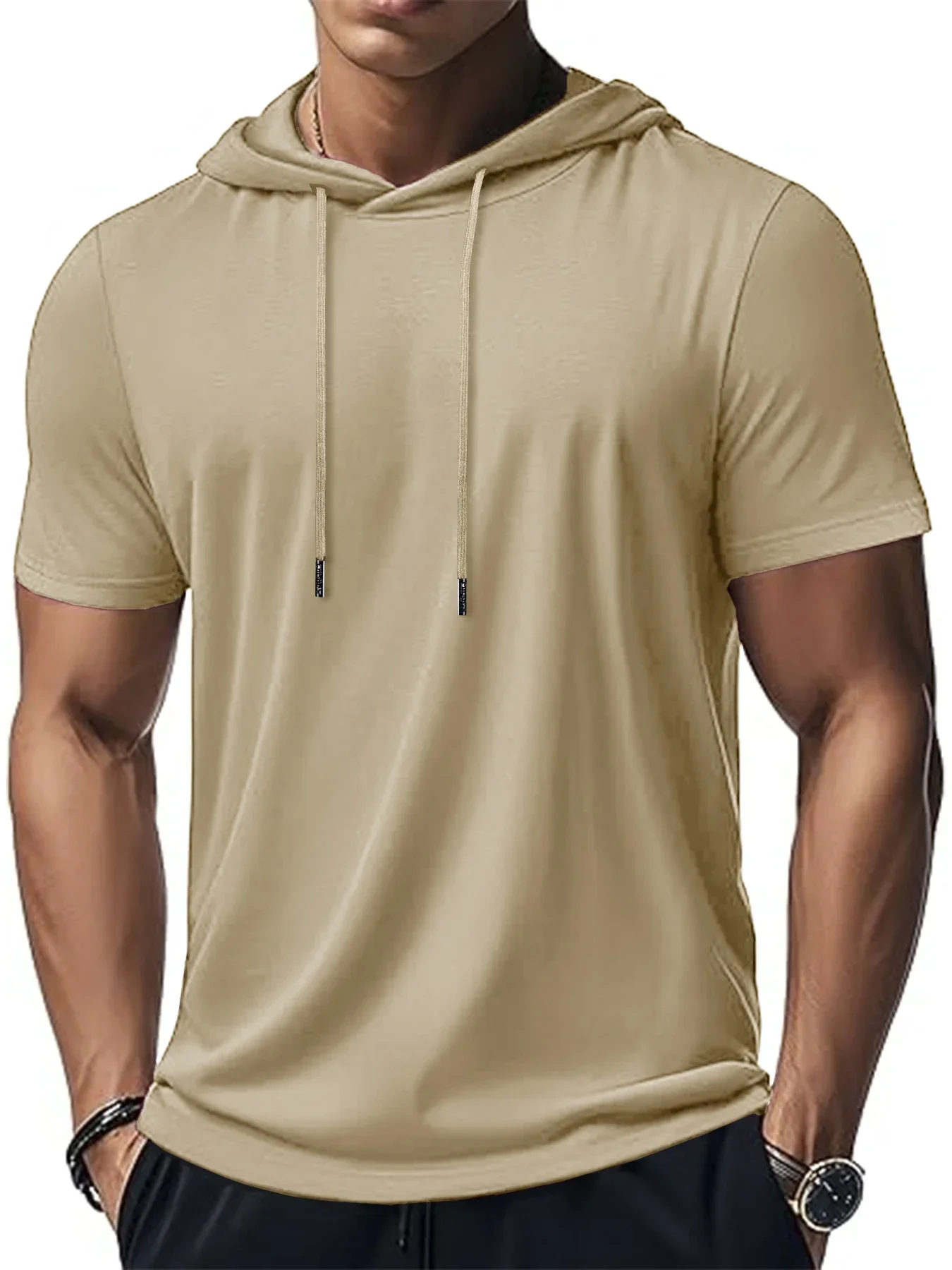 Trendiger und modischer, dünner Stil für Herren, atmungsaktiv, locker, Outdoor, Laufen, lässig, Top, Sport, kurzärmelig, T-Shirt mit Kapuze – Detail 9