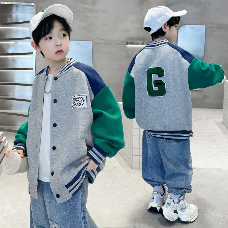 Kids Boys Autumn Sports Clothing Baseball Jacket Trendy 2025 New Children's Outerwear Crew Neck Sporty Coat 5 7 9 11 13 14 Years