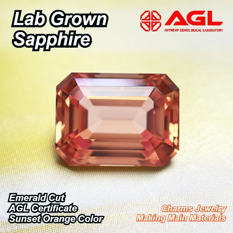 

High Quality Lab Grown Sapphire Emerald Cut Sunset Orange Color Charms Jewelry Making Main Materials Selectable AGL Certificate