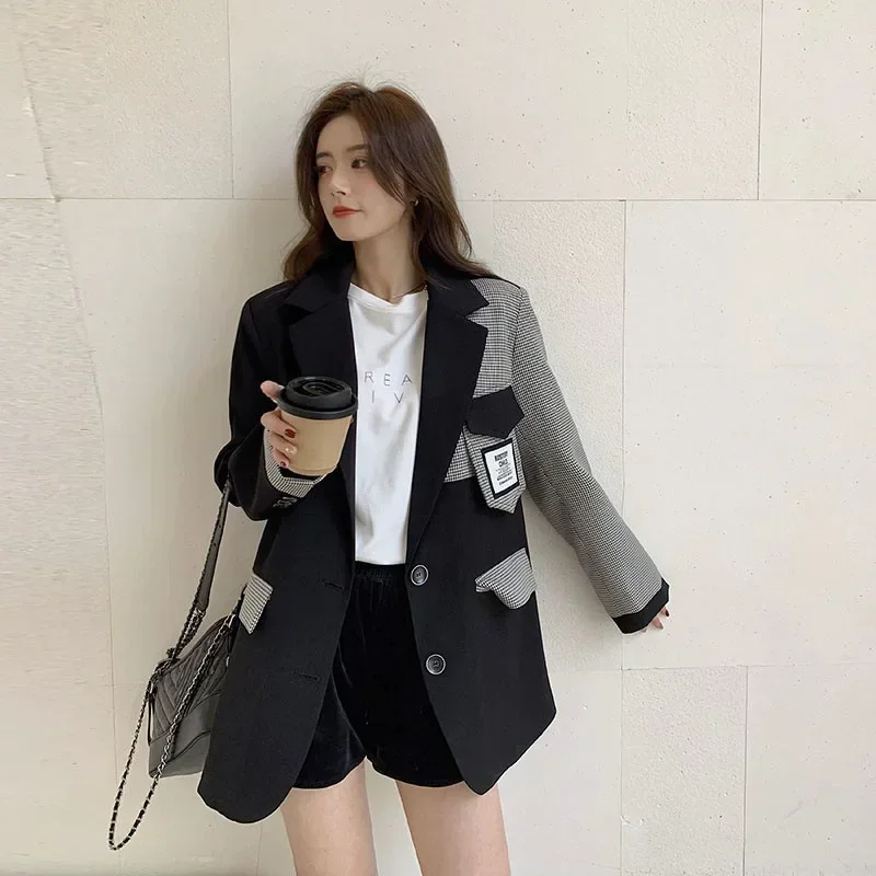 Mode Plaid Kontrast Blazer Mantel Frauen Koreanische Lose Einreiher Anzug Jacke Nähte Tasche Kerb Kragen Oberbekleidung