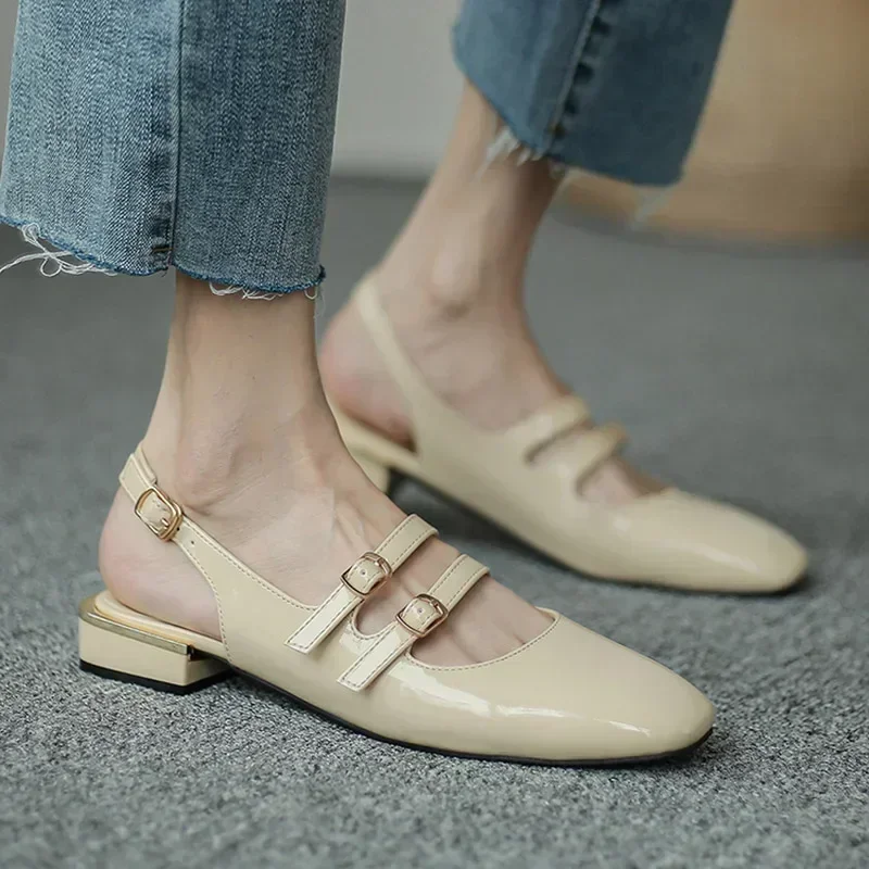 

2026New Women Sandals Summer Shoes Flats Double Buckle Janes Shoes Patent Leather Dress Shoes Back Strap Zapatos Mujer