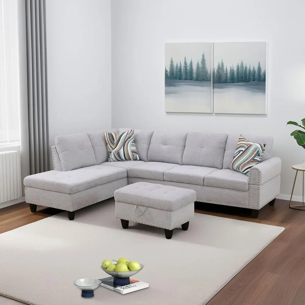 

Linen 3-Piece Sofa Living Room Sofa Set with Storage Ottoman & Decorative Copper Nails,Coffee Table，Cup-Holder,Grey
