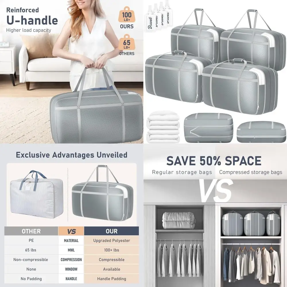 

Extra Large Heavy-Duty Comforter Storage Bags with Window, 4-Pack, Strong Handles, Zippered, Space-Saving for Blankets and Cloth