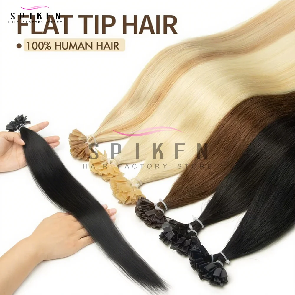 SPIKFN 스트레이트 케라틴 플랫 팁 인모 연장 천연 스트레이트 핫 퓨전 헤어 50개/팩 퓨전 프리 본디드 인모