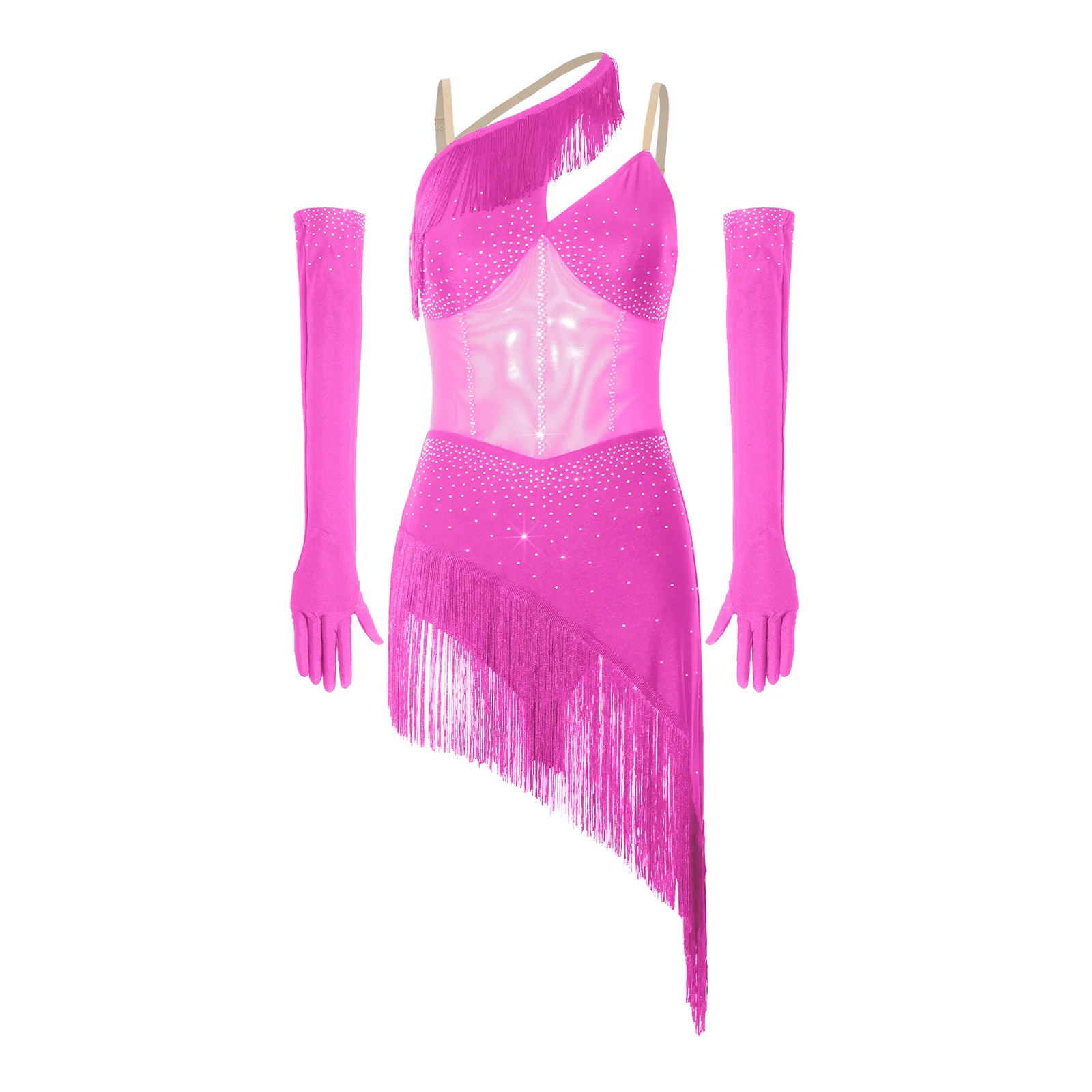 Damen Latin Samba Cha Cha Tanzkleid mit Strass-Mesh-Fransen, Asymmetrischem Rock und Langen Handschuhen, Wettbewerbs- und Aufführungskostüm – Detail 6