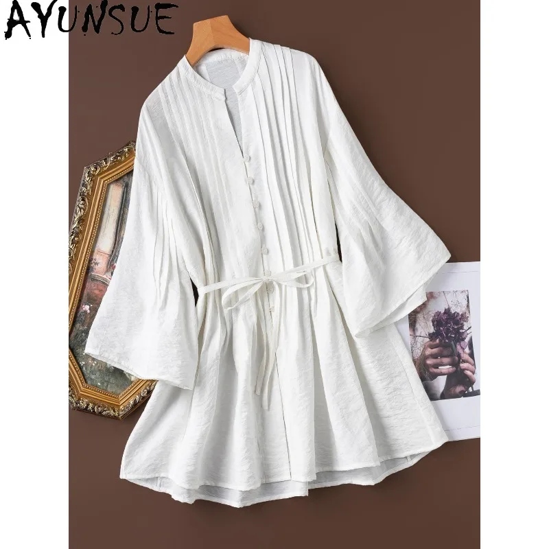 

AYUNSUE 76% Silk Women's Blouses and Shirts Mid-length White Tops for Woman Flare Sleeve Loose Shirt Woman Clothes Кофта Женская
