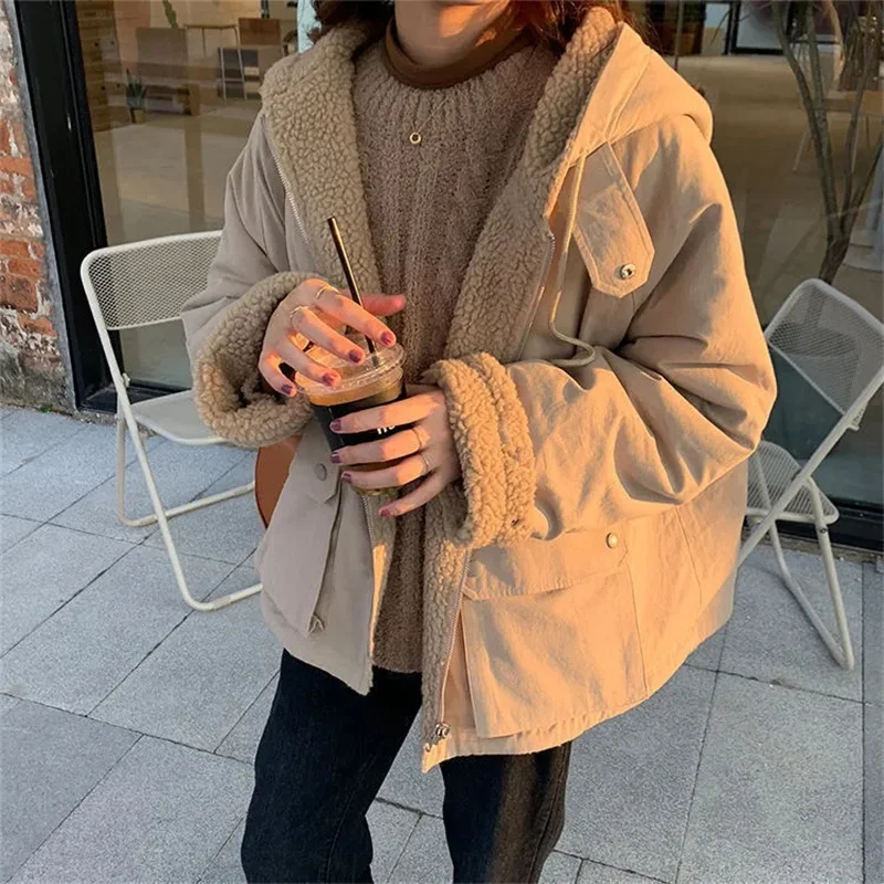 

Thickened Lamb Wool Coat on Both Sides for Female INS Student Korean Version Loose Winter New Harajuku Workwear Cotton Trend