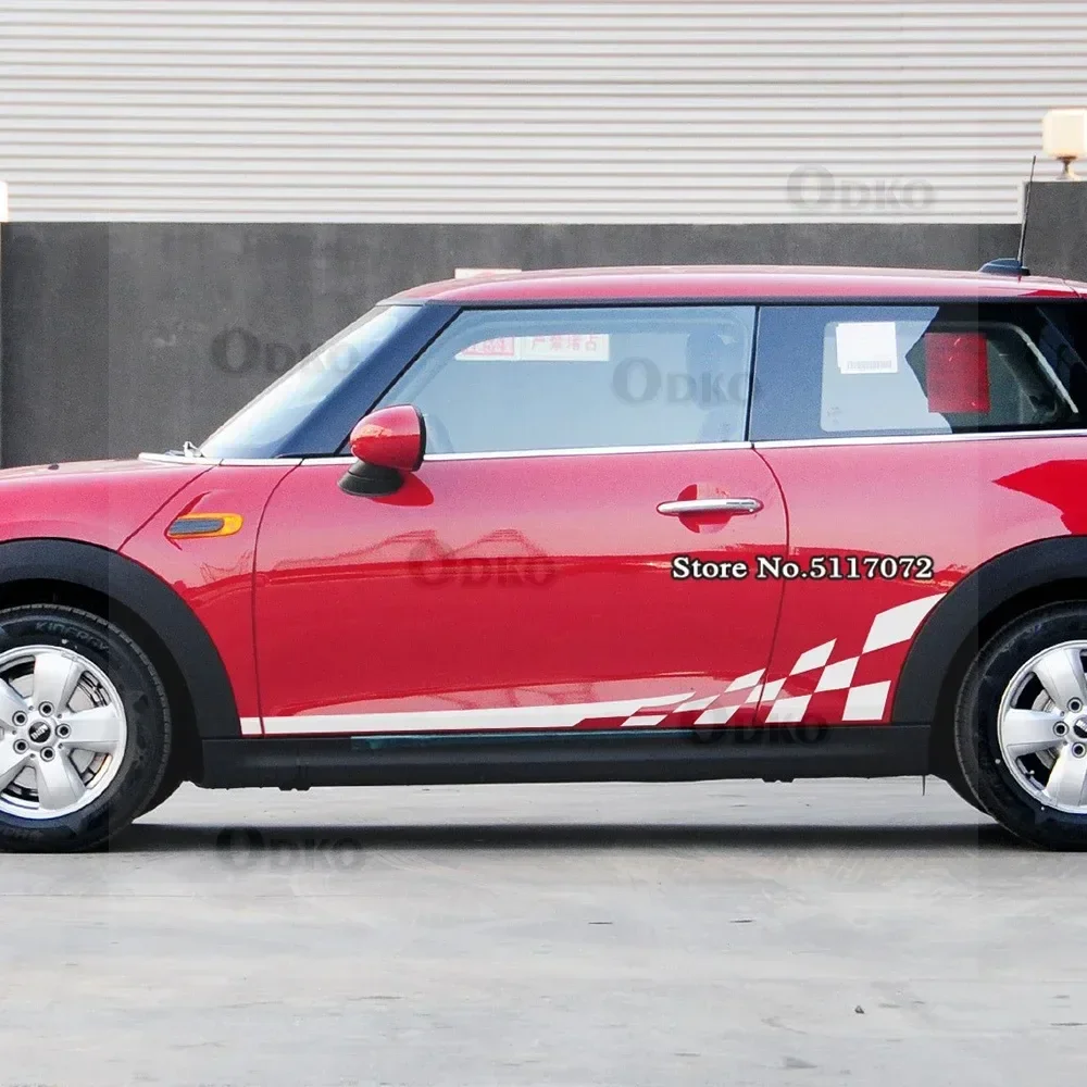 

2 шт., Стайлинг автомобиля, гоночная решетка, боковые полосы на дверь, юбка, наклейка на кузов, наклейки для BMW MINI Cooper F56 2014-2015, аксессуары