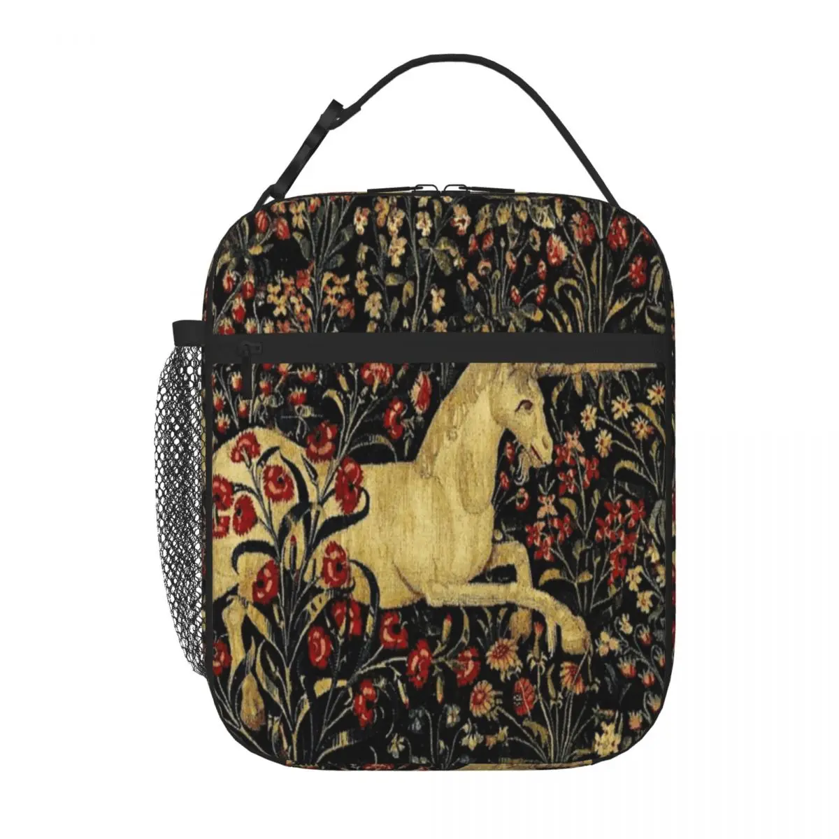 Bestselling Medieval Unicorn Midnight Floral Tapestry Soft Touch Neoprene Lunch Bag Business Commute Lunch Box Bag