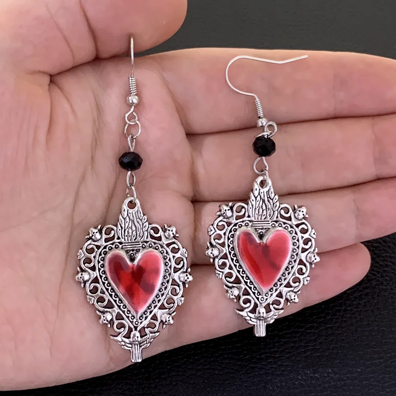 Enamel Sacred Heart Charm Earrings,Sacred Heart Earrings,Milagro Dangle,Large and Silver Plated Charm,Gifts for Women