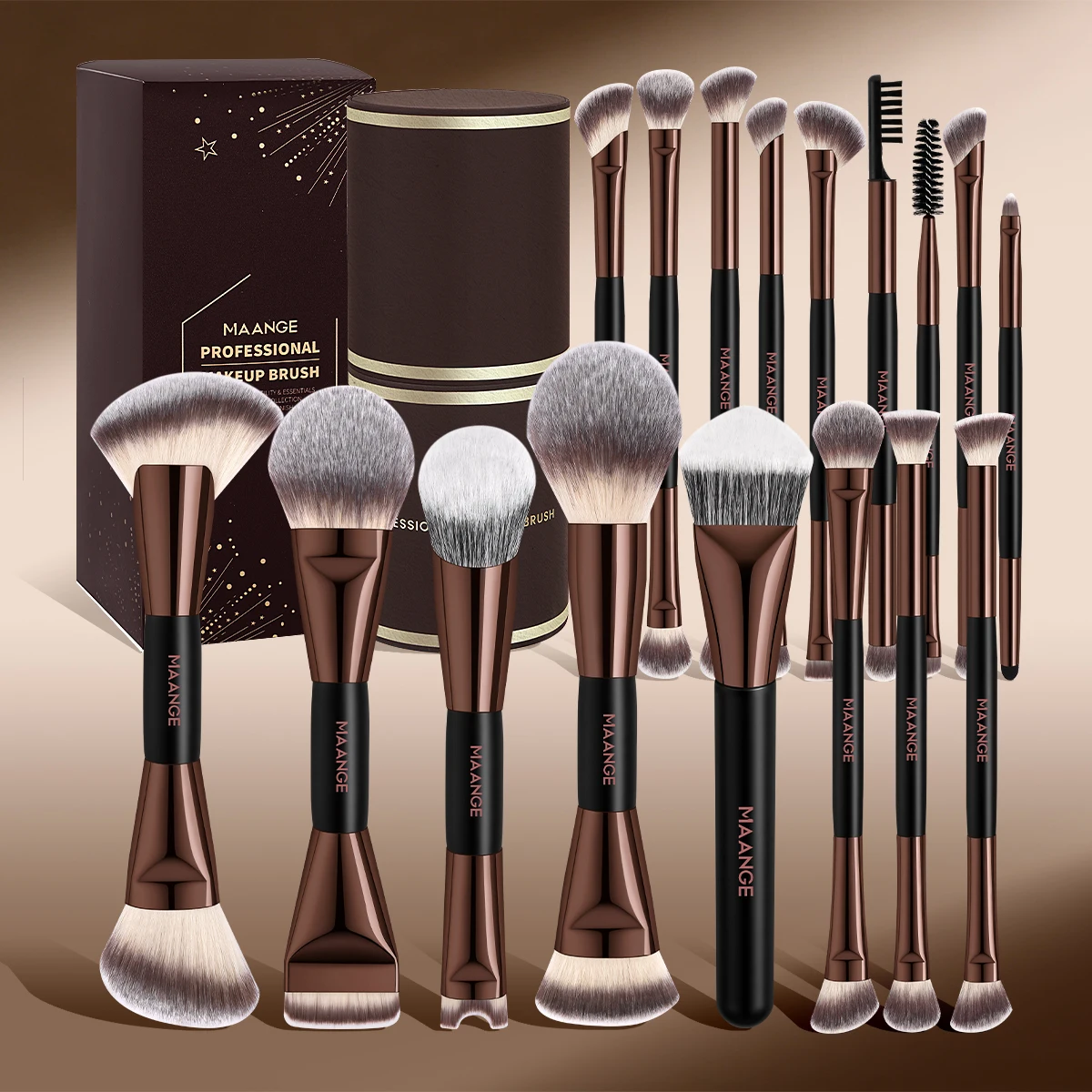 MAANGE Juego de 18 Brochas de Maquillaje en Caja de Regalo, Brochas para Base, Rubor, Sombra de Ojos, Difuminado y Corrector, Fácil de Transportar, Set Básico de Maquillaje