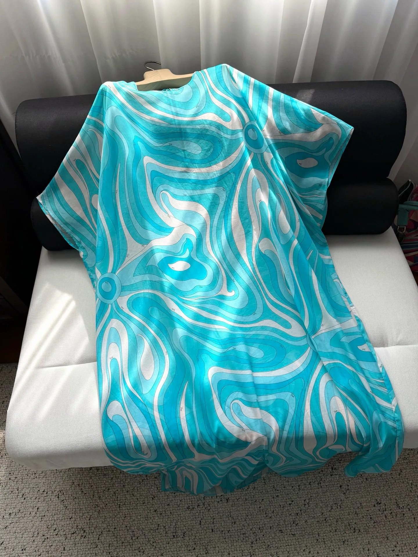 Vestido Kaftán con Estampado de Espirales Azules Turquesa Estilo Boho para Mujer, Holgado, para la Playa, Vacaciones, Informal, de Algodón, de Alta Calidad