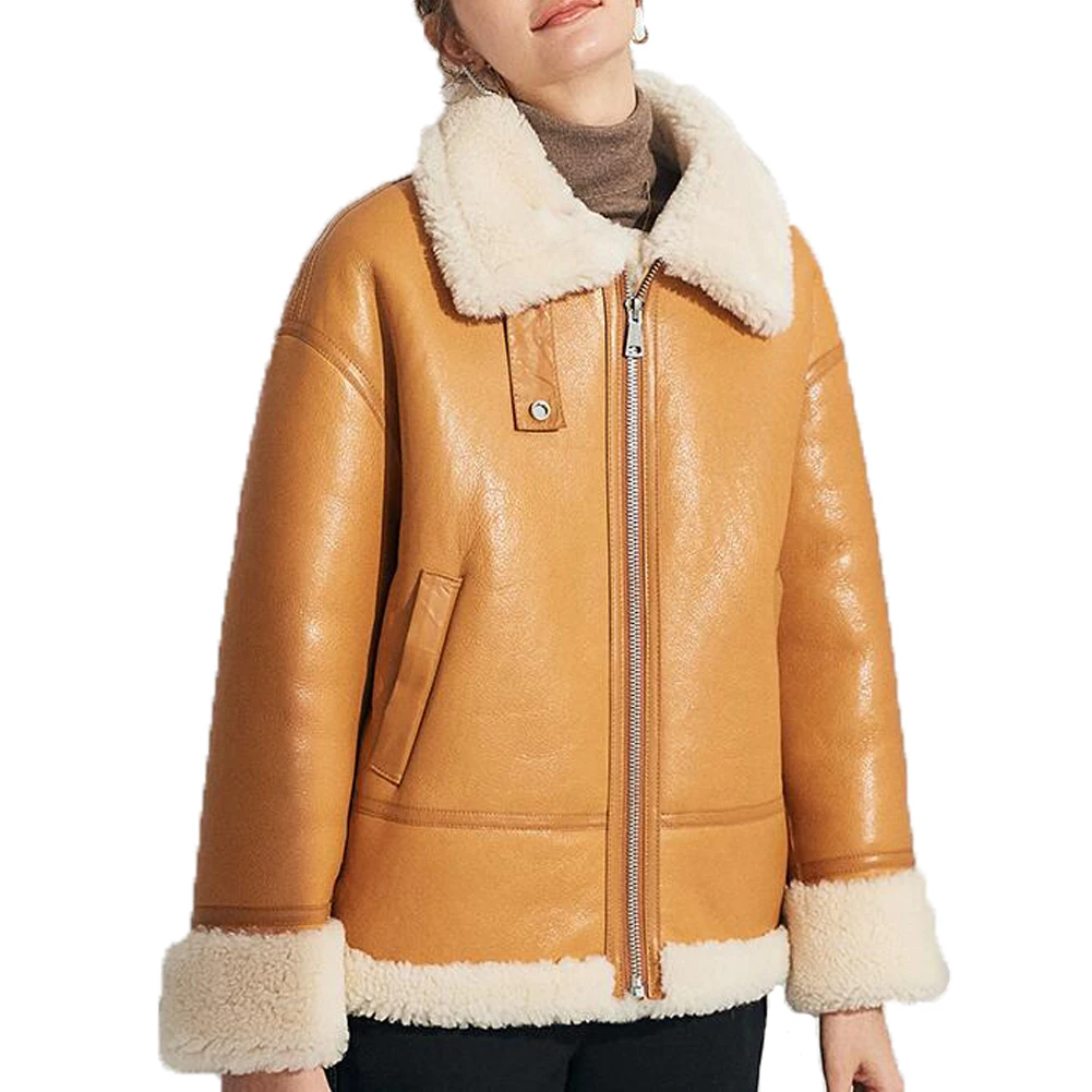 

Denny&Dora Lapel Collar Woman Overcoats Natural Shearling Leather Coat Womans Shearling Jacket