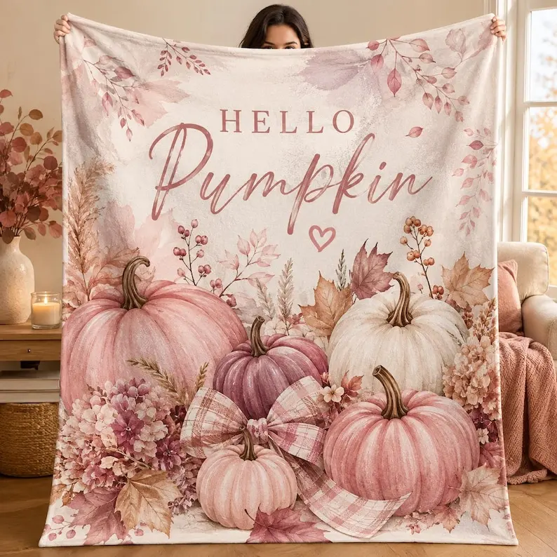 Hello Pumpkin Blanket or Shower Curtain, Pink Pumpkin Fall Decor, Autumn Floral Home Decor, Cozy Thanksgiving Gift for Her