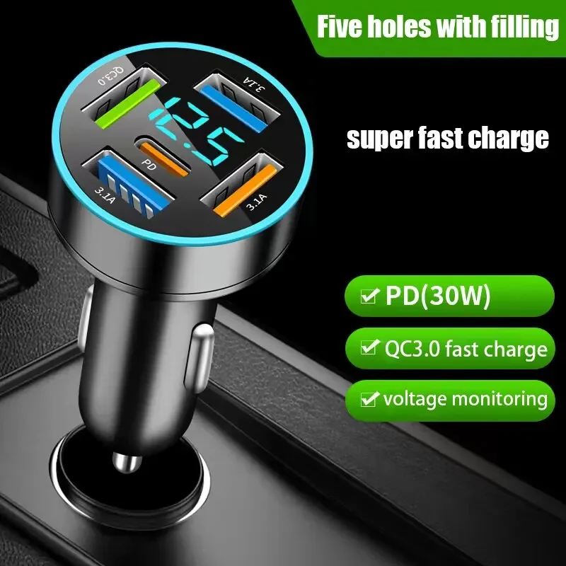 PD66W Car Charger QC3.0 Fast Charge One to Four Car Cigarette Lighter Plug 5 Port Car Charger Flash Charge with Digital Display