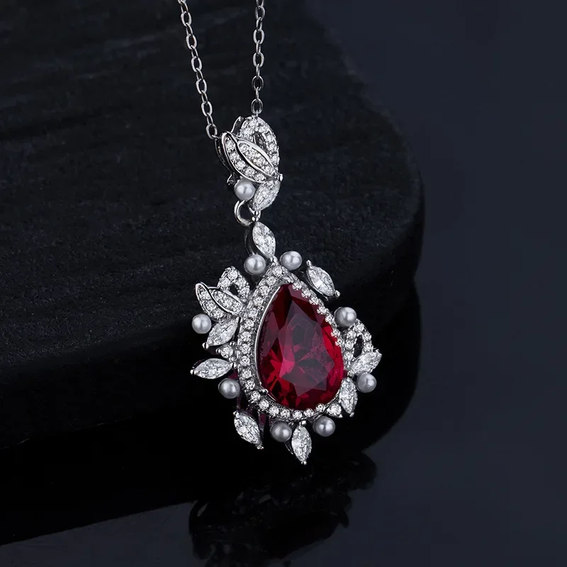 High Quality Luxury ML-HR Moissanite Style New coloured red corundum deluxe inlaid pendant female water drop ruby inlaid pearl t