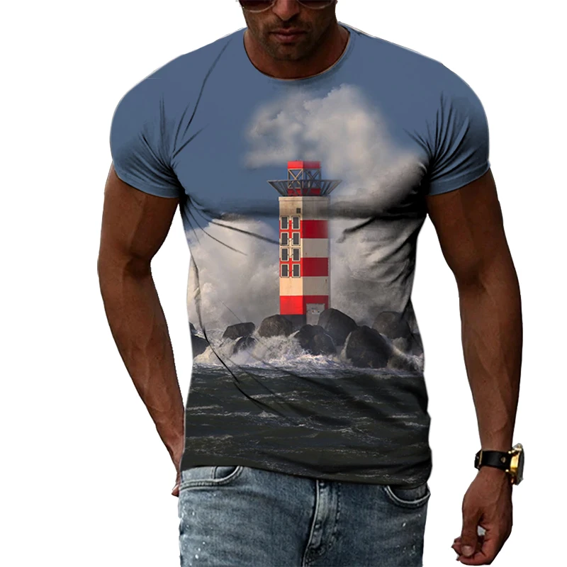 3D Printing Summer Creative Personality Men's T-shirt Lighthouse Pattern Fashion All-match Short-sleeved O-neck Comfortable Top