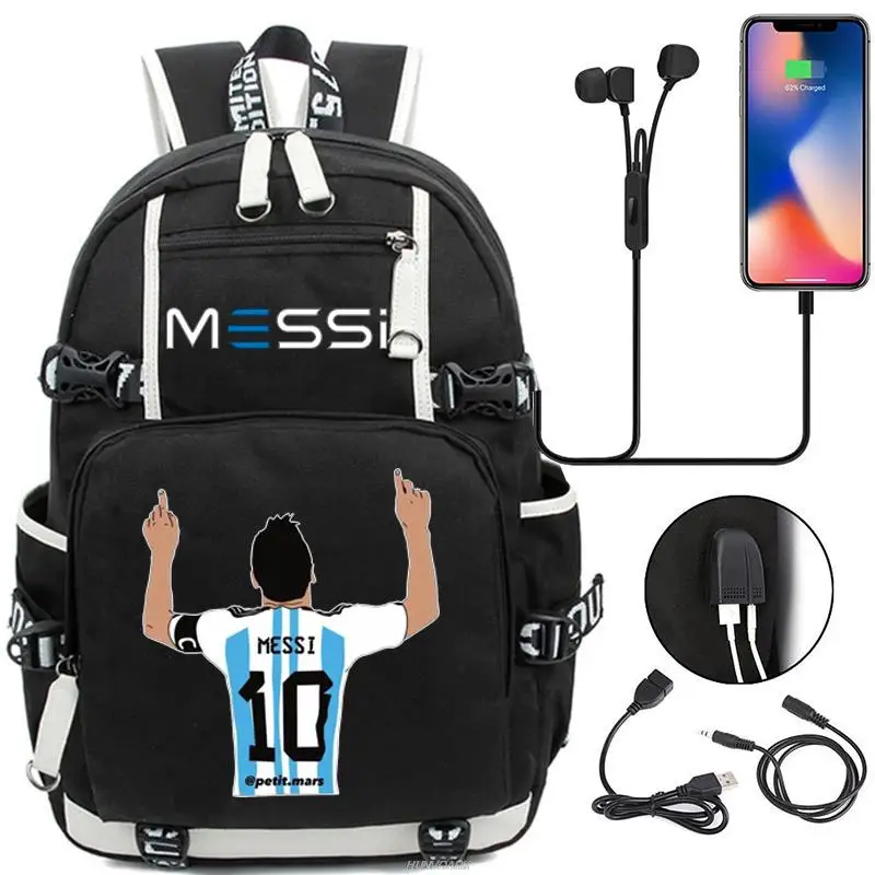 Messi Mochila Laptop Hikking Waterproof Notebook Bag USB Schoolbag Sports Travel School Bag Pack Mochila Para Masculino Feminino