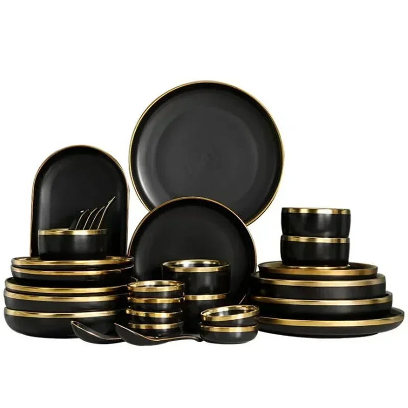 Nordic Ceramic Black Gold Rimmed Rice Bowl Bowl Soup Bowl Plate Plate Plate Spoon Creative Home Tableware Set