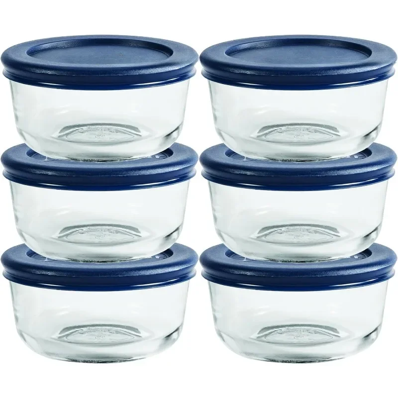 1 Cup Glass Storage Containers with Lids, Set of 6 Glass Food Storage Containers with Navy Blue SnugFit Lids