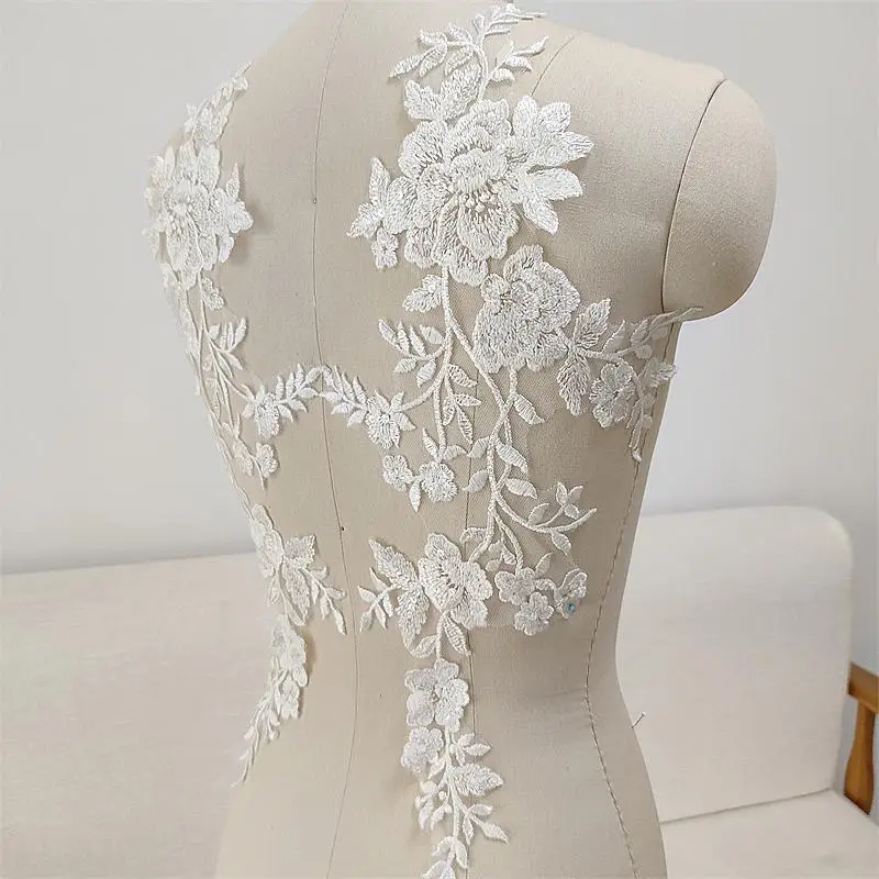 White Flowers Wedding Appliques, Embroidered Lace Mesh Fabric, Sew On Patches for Bride, Evening Dress, DIY Decoration, 2Pcs