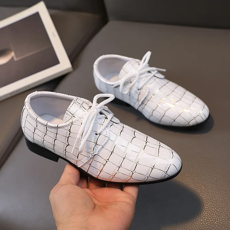 Boys' Leather Shoes 2023 Spring Autumn Kids Lace-up Single Shoes Students Black White Party Wedding Shoes Fashion Children Shoes