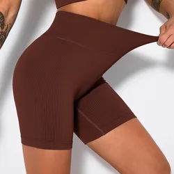 Seamless Ribbed Yoga Shorts For Women High Waist Tights Elastic Workout Cycling Shorts Sports Short Leggings Booty Gym Shorts