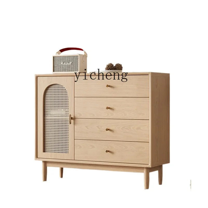 

XL Living Room Storage Cabinet Solid Wood Frame Rattan Storage Cabinet Wood Color Bedroom Five Bucket Locker