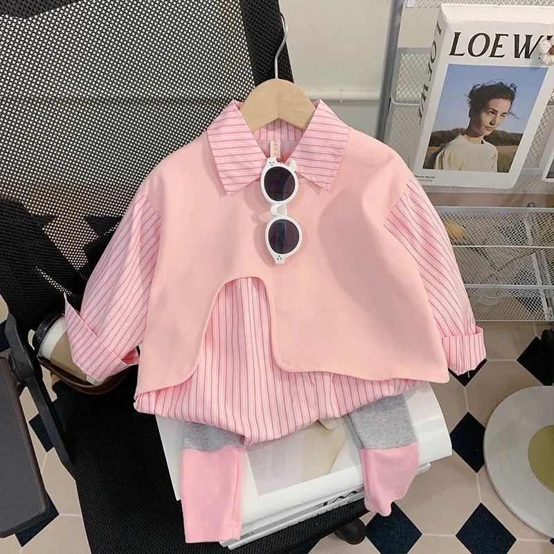 Girls' Spring and Autumn 2025 New Fashionable Children's Baby Shirt with Bottom Pants Kiss Fashion Three Piece Set
