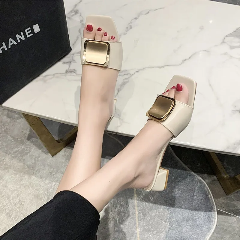 High Heel Sandals Summer New Square Head Metal Buckle Thick Heel Shoes Drag Light Lazy Flip-flops