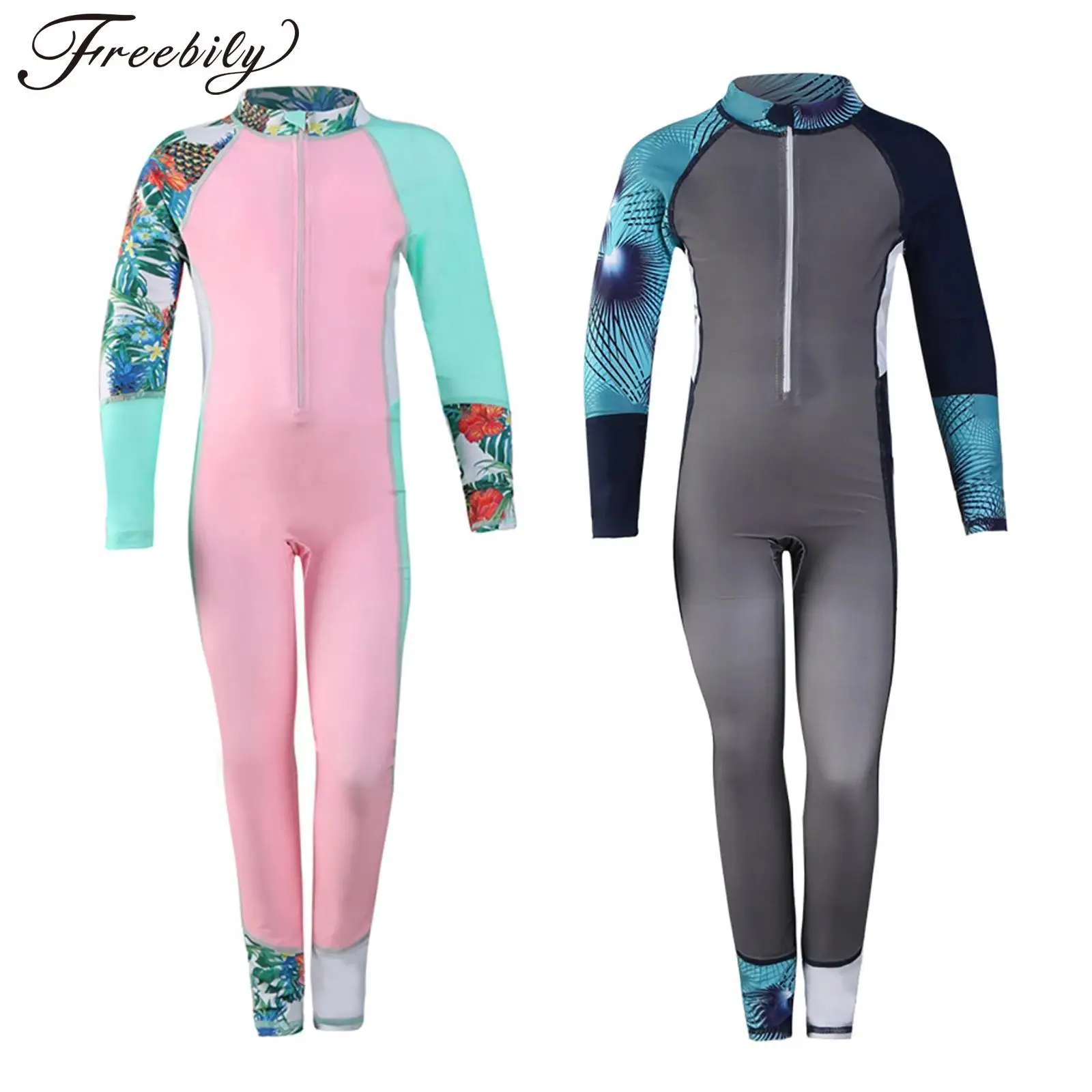 Kids Girls Boys UPF 50+Sun Protection Rash Guard One Piece Swimsuit Long Sleeve Tropical Swimwear Surfing Bathing Suit Beachwear