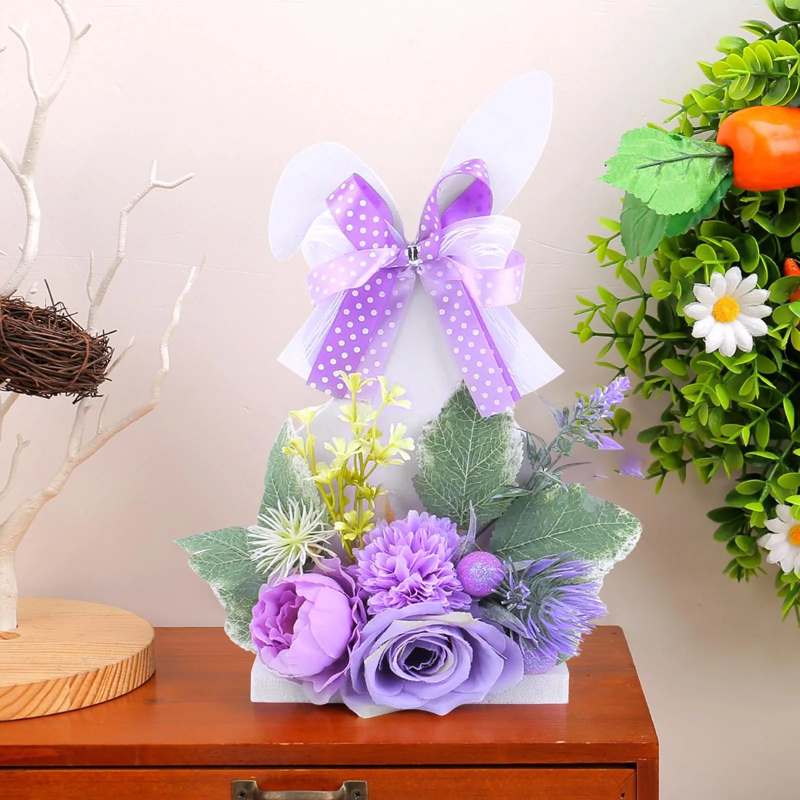 

Easter Bunny Centerpiece Artificial Flower Adorable Easter-themed Design Standing Bunny Figurine Suitable for Family Gathering