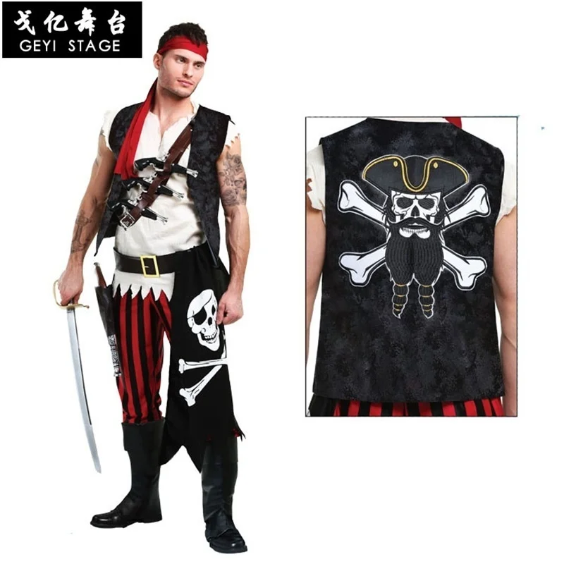 

Men's Cool Pirate Cosplay Costume Adult Halloween Fancy Dress Party Set Male Pirate Crew Short Sleeve Vest Pants Party Wear