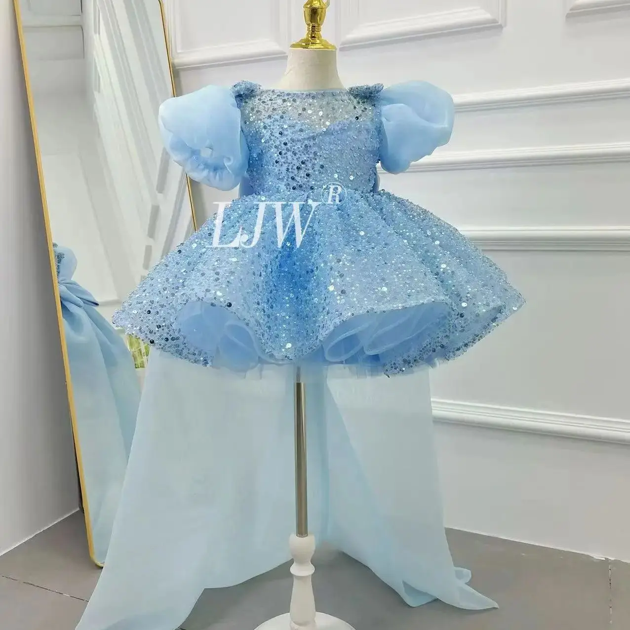 

Puffy Sky Blue Tulle Sequins Pageant Kids Birthday Dress Princess Ball Beauty Pageant First Communion Sequins Flower Girl Dresse