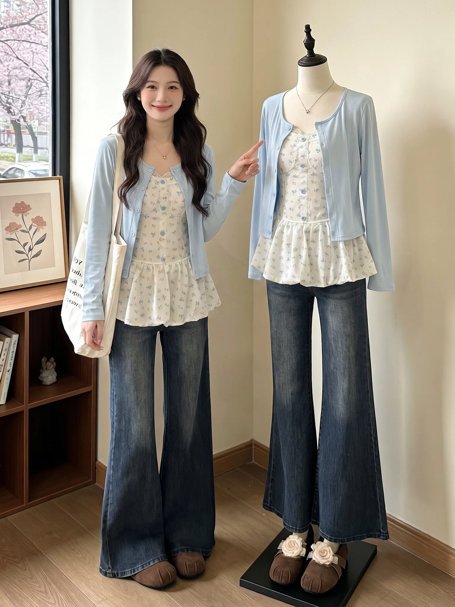 Summer 2026 New plus Size Floral Print Camisole Top Light Blue Sun Protection Outerwear Cardigan Two Piece Set Women's Vest