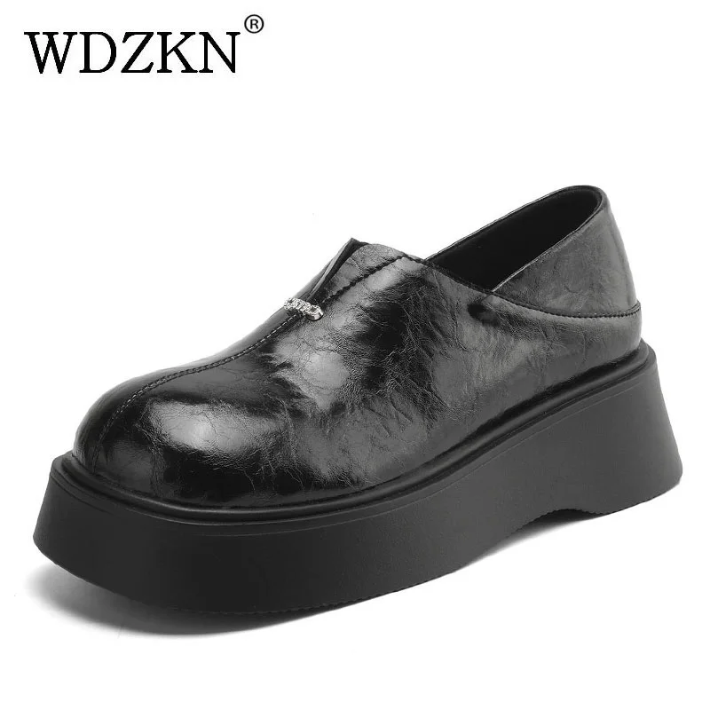 

Женские туфли на массивной платформе WDZKN, весенне-осенние лоферы без застежек, женские повседневные туфли на толстой подошве из натуральной коровьей кожи с широким носком и толстым каблуком-танкеткой