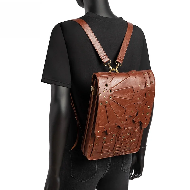 

Vintage Steampunk Brown Leather-Look Messenger Bag, Gothic Industrial Crossbody Satchel with Rivet Accents, Retro Work & Cosplay