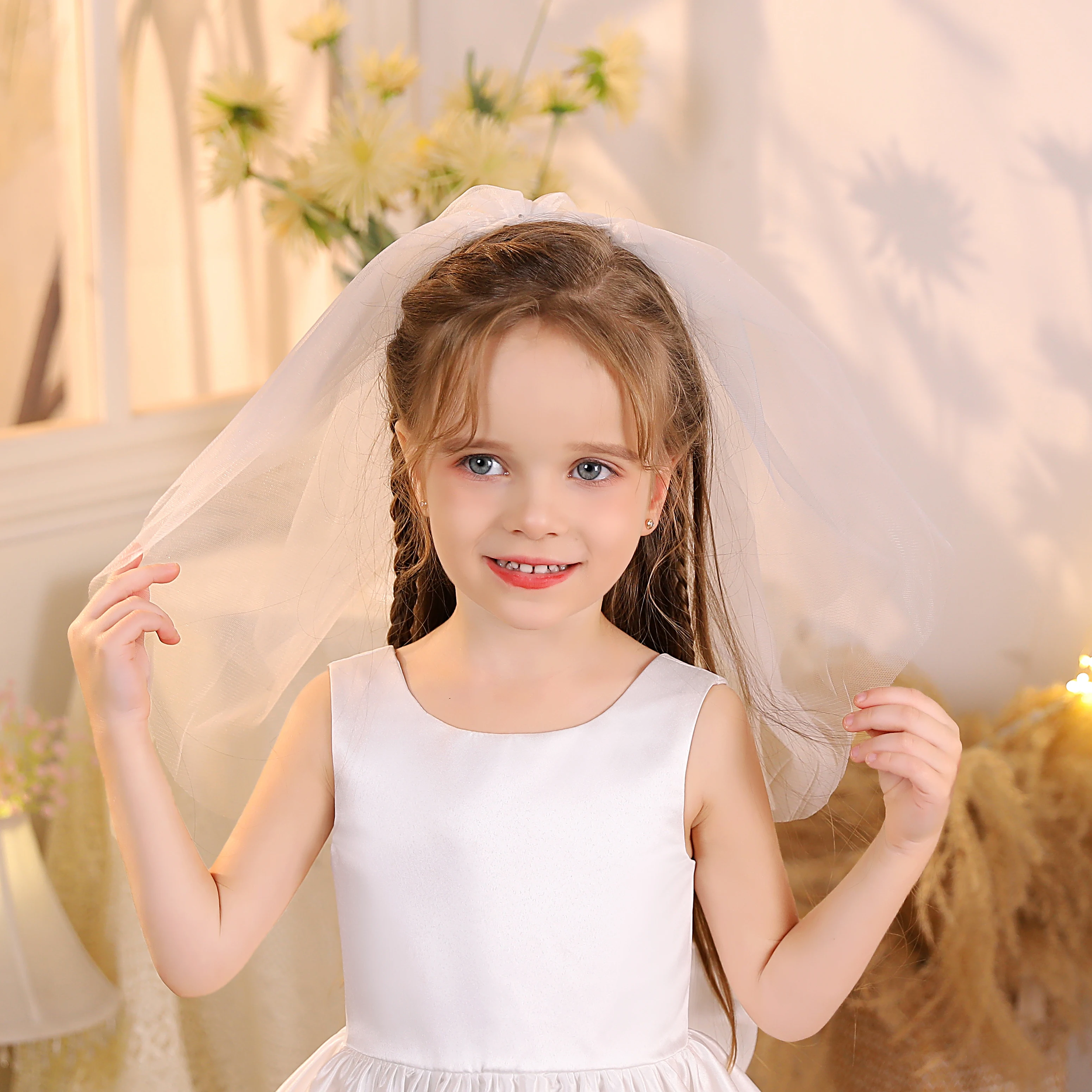 Gidion-Two Tier Tulle Wedding Veil com Pente para Crianças, Corte da Borda, Cerimônia, Fotografia, Flower Girl, Junior Bridesmaid