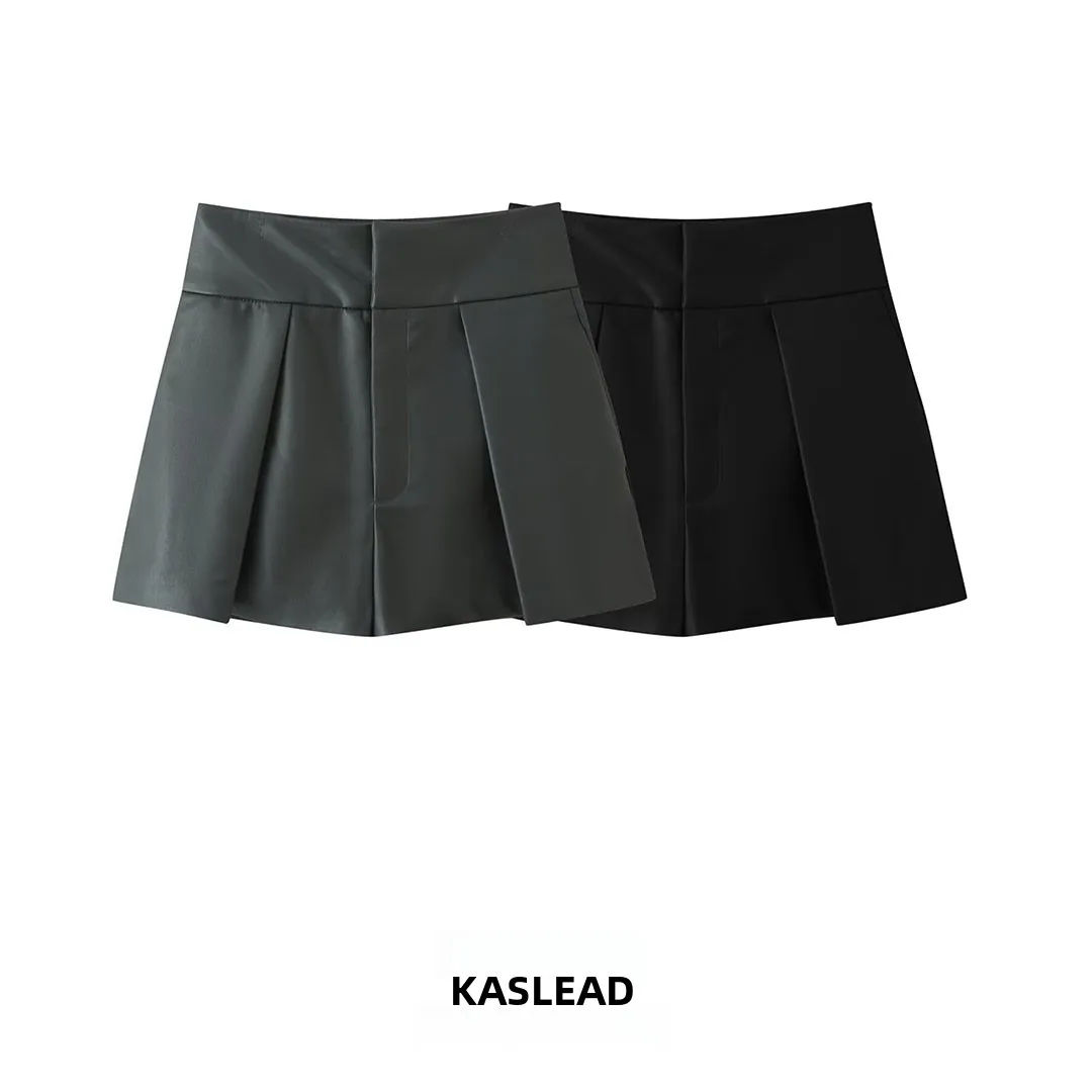 KASLEAD Women's Leather Effect Pleated Shorts High Waist Polyester Fiber Ladies Fashion Autumn Season Unique Design