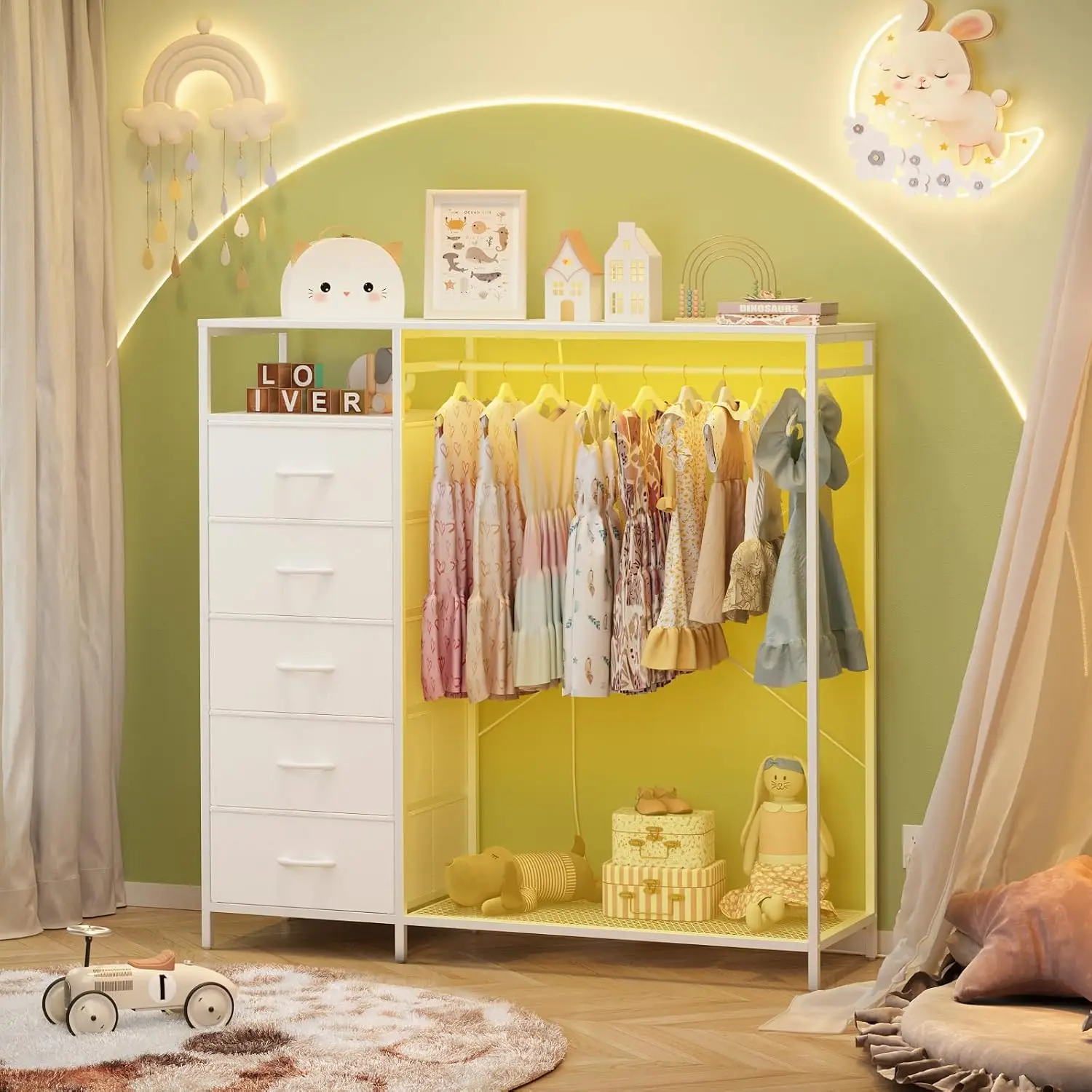 

47 Inch White Dresser with LED Lights & Hanging Rack, 5 Drawer Fabric Dresser with Charging Station and Shelves