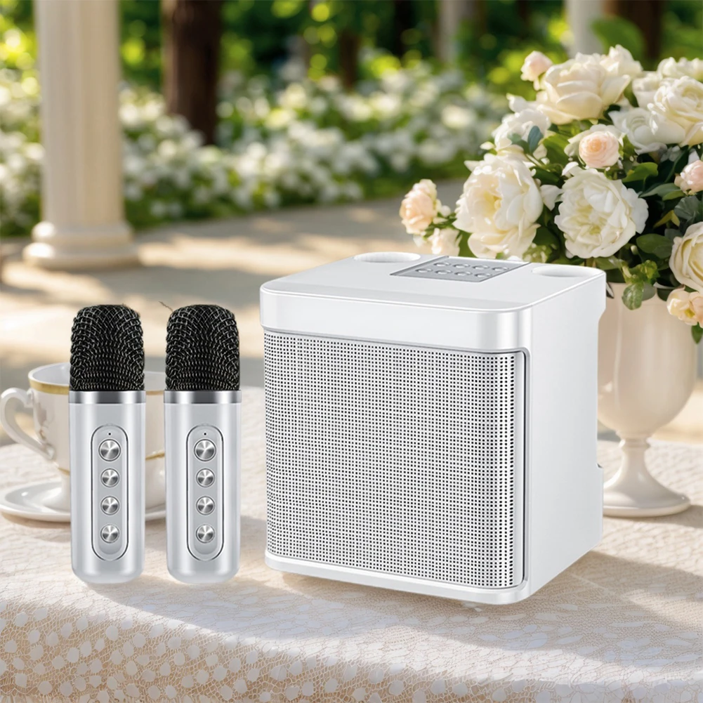 آلة الكاريوكي مع 2 ميكروفونات لاسلكية مكبر صوت كاريوكي لاسلكي يدعم بطاقة BT/USB/TF/التحكم في تطبيق Aux للبالغين والأطفال