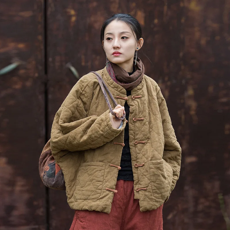Female Autumn Winter Tops Coat Cotton-padded Clothes Lingge Frog Retro Simple Loose Comfortable Fashion Minority Versatile Thin