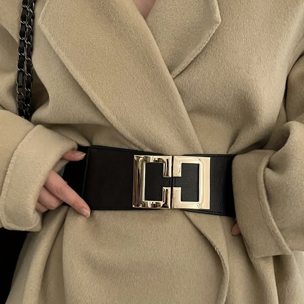 Fashion Geometric Buckle Wide Belt Black Casual Elastic Belt Elegant Dress Coat Belt Women