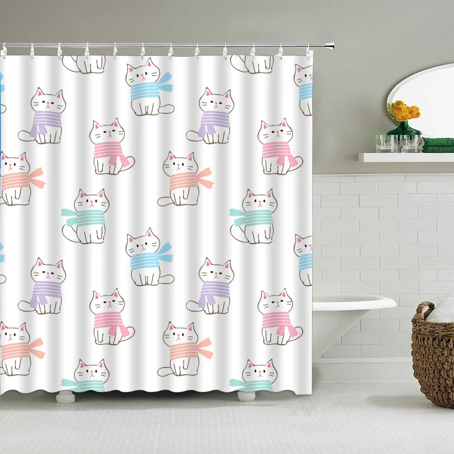 Cartoon Cute Shower Curtain, Funny Animals Cat Rainbow Colorful Butterfly Kids Boys Girls Bathroom Bathtub Screen Decoration