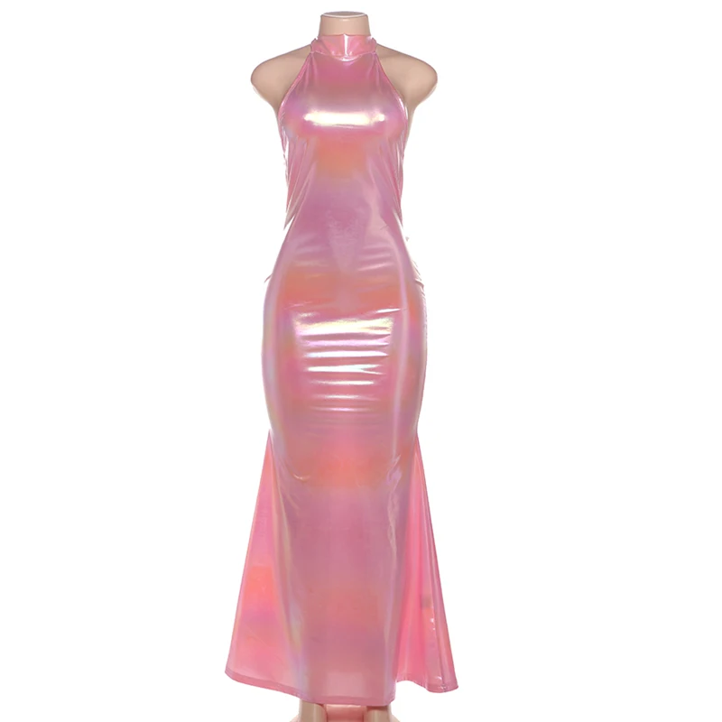 Sexy ärmelloses, figurbetontes Maxikleid für Damen, rückenfrei, glänzend, neongrün, Meerjungfrau, langes Kleid, 2024, Frühling, Herbst, Nacht, Abschlussball, Kleidung