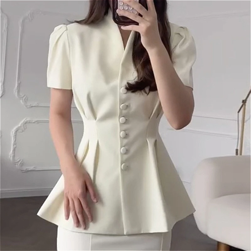 Tops Women Top V Neck Short Sleeve Sexy Y2k Streetwear Tight Waist Elegant Work Slim Fit Blazer Tees Ruffles Summer 2026