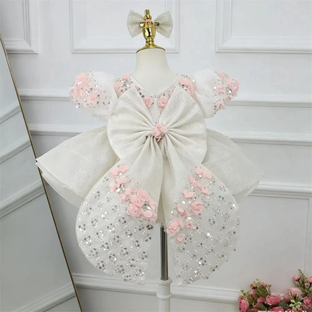 Customized Flower Girl Dress For Wedding Appliques Glitter Bow Short Sleeve Knee Length Kids Birthday First Communion Gown