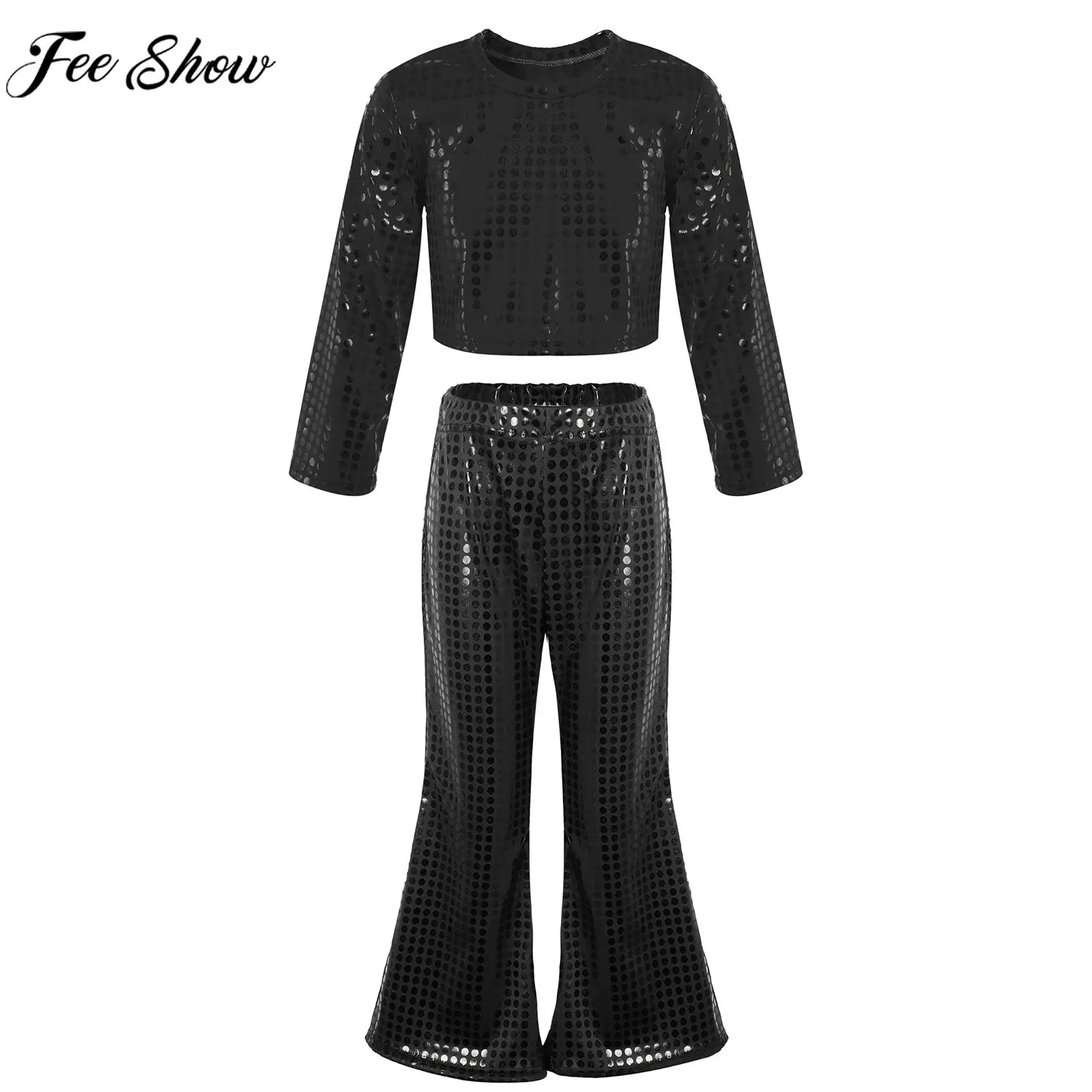 

Girls Shiny Outfit Hip Hop Jazz Dance Performance Costume Long Sleeve Crop Top with Bell-bottoms Pants Dancewear for Party Stage